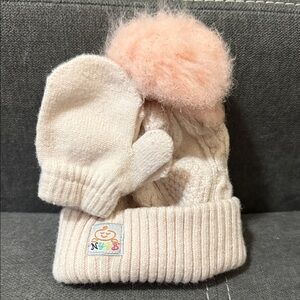 Kids Pom Pom Knit Hat and Mittens Set - Blush Pink